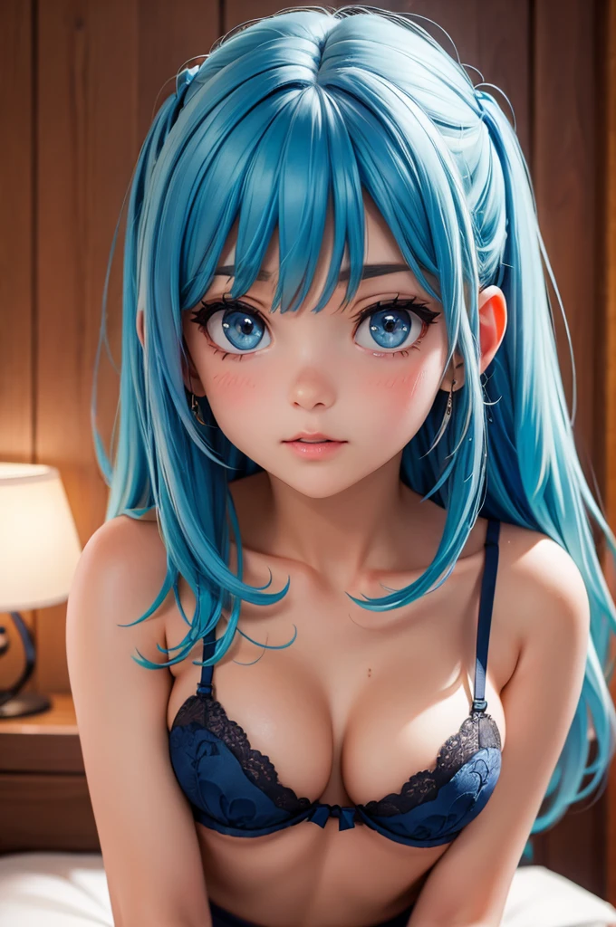 In the room, underwear, blush, focus on face, bangs, hair circle, blue hair