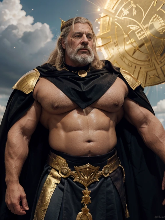 Imagen hiperrealista de un anciano con cara de Tom Platz, over 79 years old superhero holy imperial king grey-haired Nordic warrior with a huge crown of gold and gems and a halo of light on his head super heavy and very fat very handsome bodybuilder with huge flabby pecs and very large and pointed nipples very sweaty in a sky of very white clouds wearing only a Roman skirt of leather and gold and a velvet cape on the shoulders with an ermine collar 