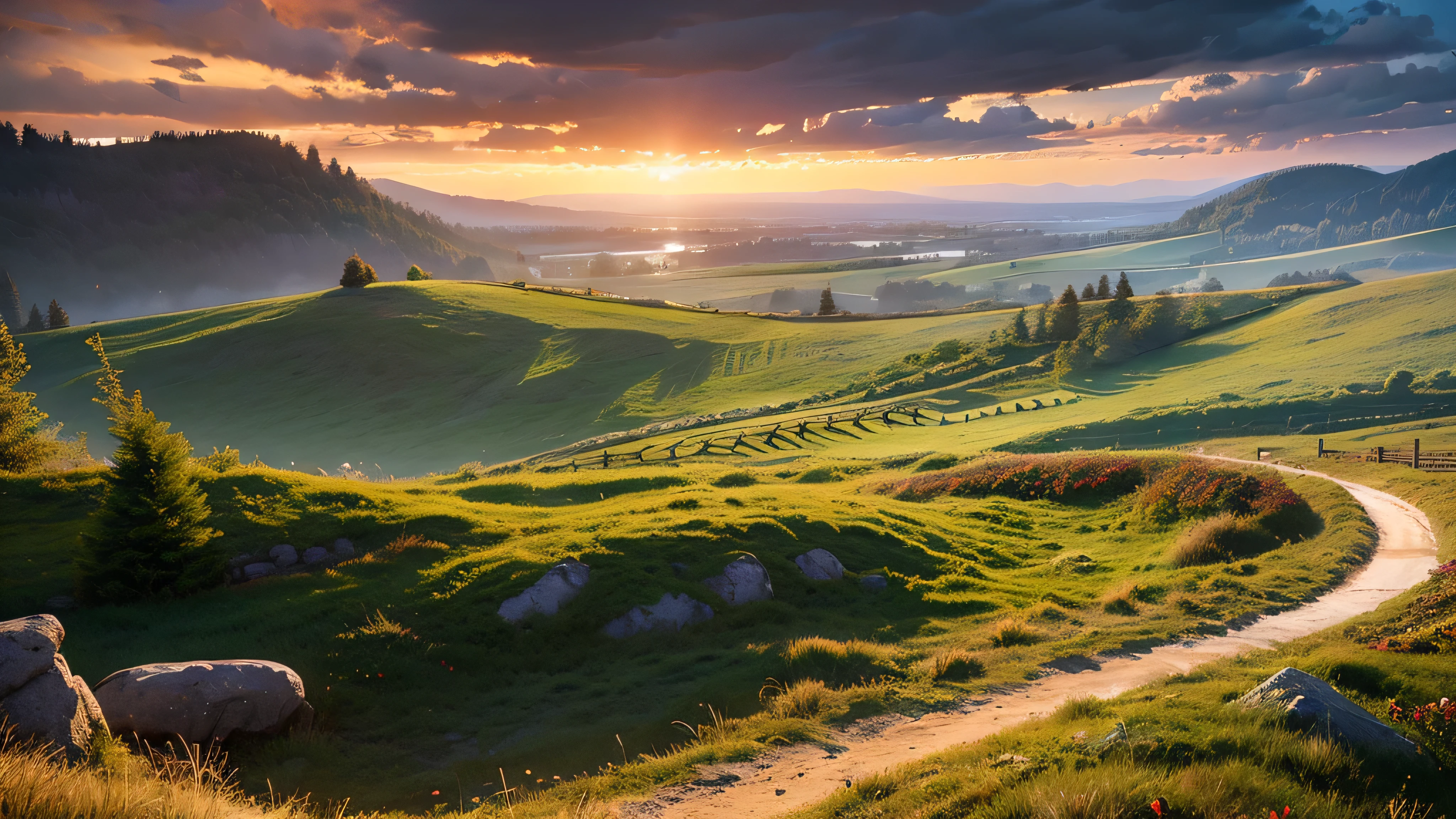 A real photographic landscape painting,sparse field,ominous skies,Red rose,Bright style,Light Effects,Clear,Clear,Unreal Engine,Thomas Kincaid,Art Station