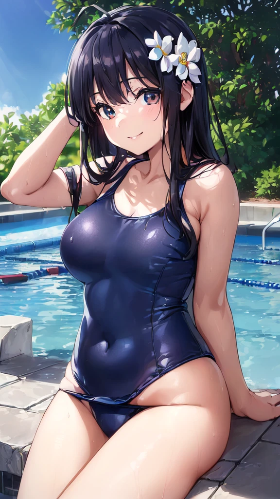 (Perfect hands, Perfect Anatomy:1.4), Satin Ruiko, alone,(Navy school swimsuit:1.5),(A neat figure,thin:1.4),(Hairstyle is a princess cut..:1.5),(Black Hair:1.4), blue eyes, (Black Hairの:1.4),(Black Hairの:1.4),Long Hair,(Straight long hair:1.4), hair ornaments, (1 white flower decoration:1.4),(tsurime:1.4),(Sitting),(Broke up_lips:1.4),(Hime cut:1.4),(Large Breasts:1.4),(Put your hands behind your head:1.2), (Wicked Smile:1.4),20-year-old,(Wet:1.2),Sit on, (View your viewers:1.3),(View from below:1.3), (Pool,Poolサイドで:1.4),(Dazzling sunlight,summer:1.4)、 break (Hime cut:1.4),(masterpiece:1.5),(Extremely accurate details,Ultra-high resolution:1.4),Highly detailed CG Unity 8k wallpaper,(Realistic,Photorealistic,超Realisticな:1.5),(curve,model,Glamour:1.5),Beautiful breasts,color_aberration,Beautiful detailed shadows,Beautiful Eyes,Beautiful body,Beautiful Skin,Beautiful Hands,(Aesthetic Anime Eyes:1.4),(figure:0.8), (Beautiful attention to detail:1.4), Highly detailed face, Perfect lighting, Highly detailed CG, (Perfect hands, Perfect Anatomy:1.4),