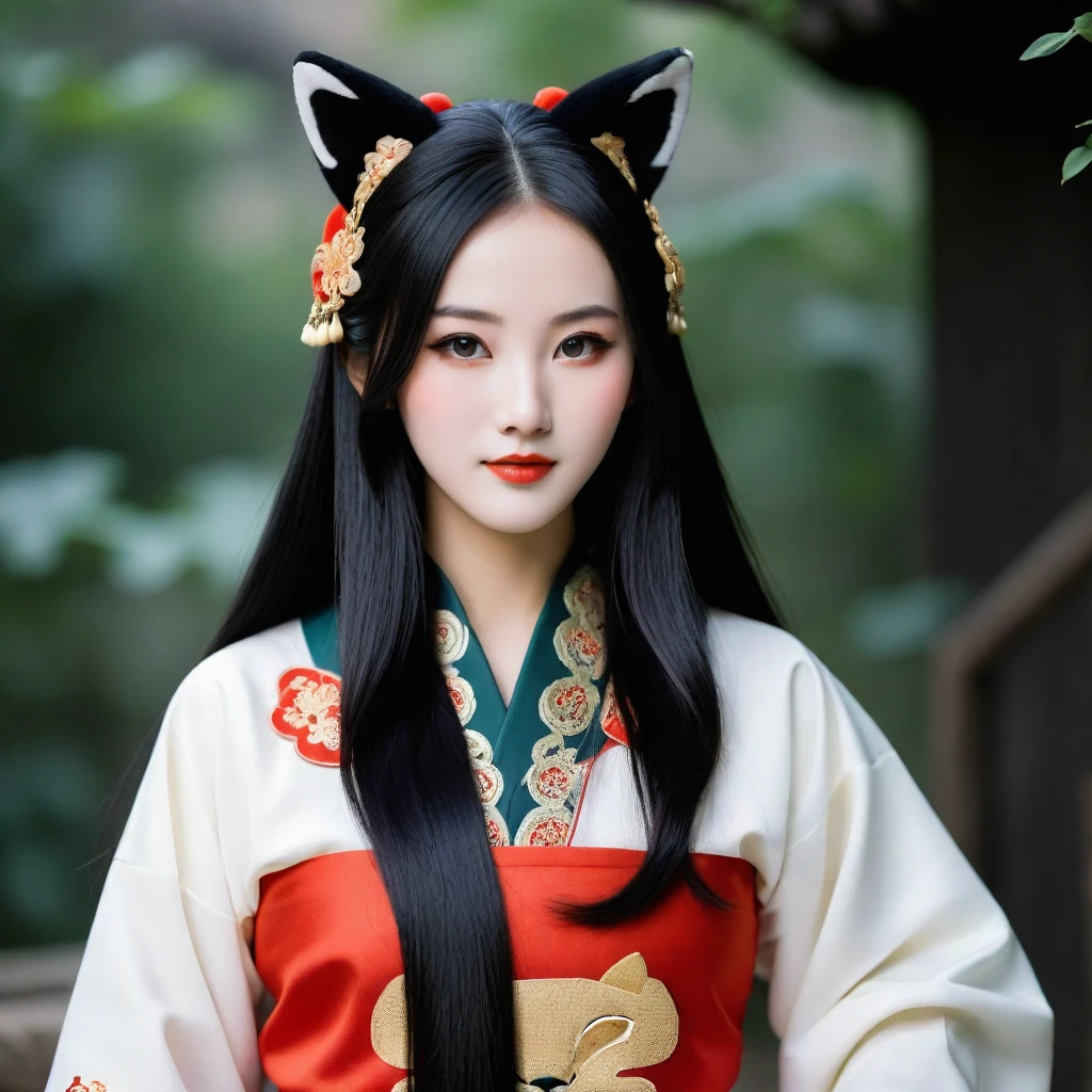 A beautiful girl wearing a fox mask, long black hair, wearing traditional 12th century Chinese clothing, 9 heads tall