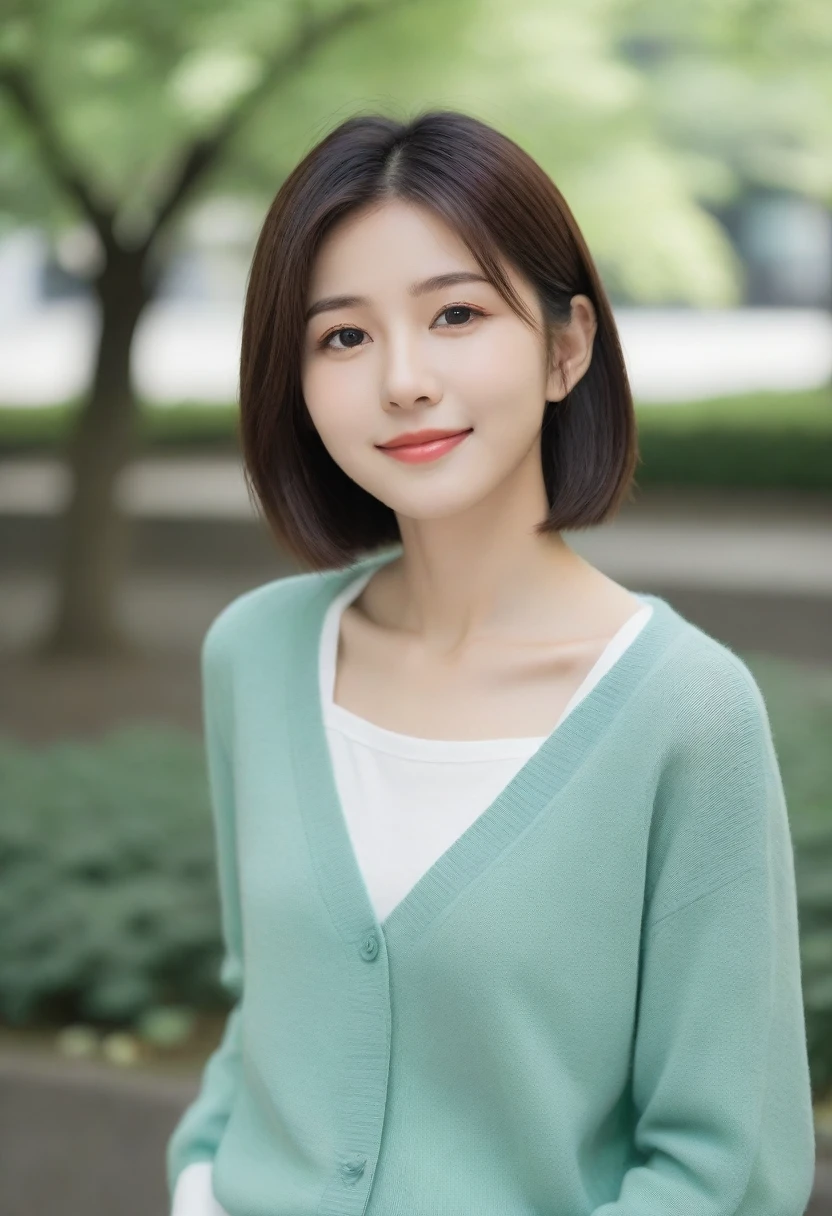 8k, Ultra-high resolution, Highest quality, masterpiece, 三分割法によるphotograph,Surreal, photograph, 1 girl, (16 years old:1.3), pretty girl, Cute face, Beautiful eyes in every detail, 細かくdetailedに,masterpiece,, One Girl:1.2, Japan Female Announcer,whole body,Young Wife,Urban area,street tree,green,White collared shirt,Summer knit cardigan,Pencil Skirt、Full of cleanliness,A carefree smile,Healing the heart,Short Bob,Looking at the audience、beauty,Long neck、Laugh a little、Please close your mouth and laugh、(((Ideal body type))),A-cup small breasts :2,、Portraiture:2、Perfect Anatomy、鮮明なdetailed、detailed、Surreal、Light and shadow,Strong light
