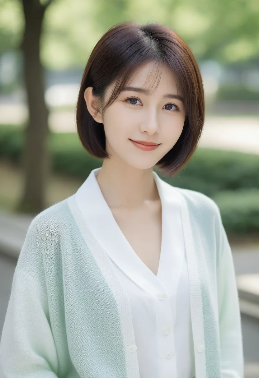 8k, Ultra-high resolution, Highest quality, masterpiece, 三分割法によるphotograph,Surreal, photograph, 1 girl, (16 years old:1.3), pretty girl, Cute face, Beautiful eyes in every detail, 細かくdetailedに,masterpiece,, One Girl:1.2, Japan Female Announcer,whole body,Young Wife,Urban area,street tree,green,White collared shirt,Summer knit cardigan,Pencil Skirt、Full of cleanliness,A carefree smile,Healing the heart,Short Bob,Looking at the audience、beauty,Long neck、Laugh a little、Please close your mouth and laugh、(((Ideal body type))),A-cup small breasts :2,、Portraiture:2、Perfect Anatomy、鮮明なdetailed、detailed、Surreal、Light and shadow,Strong light 