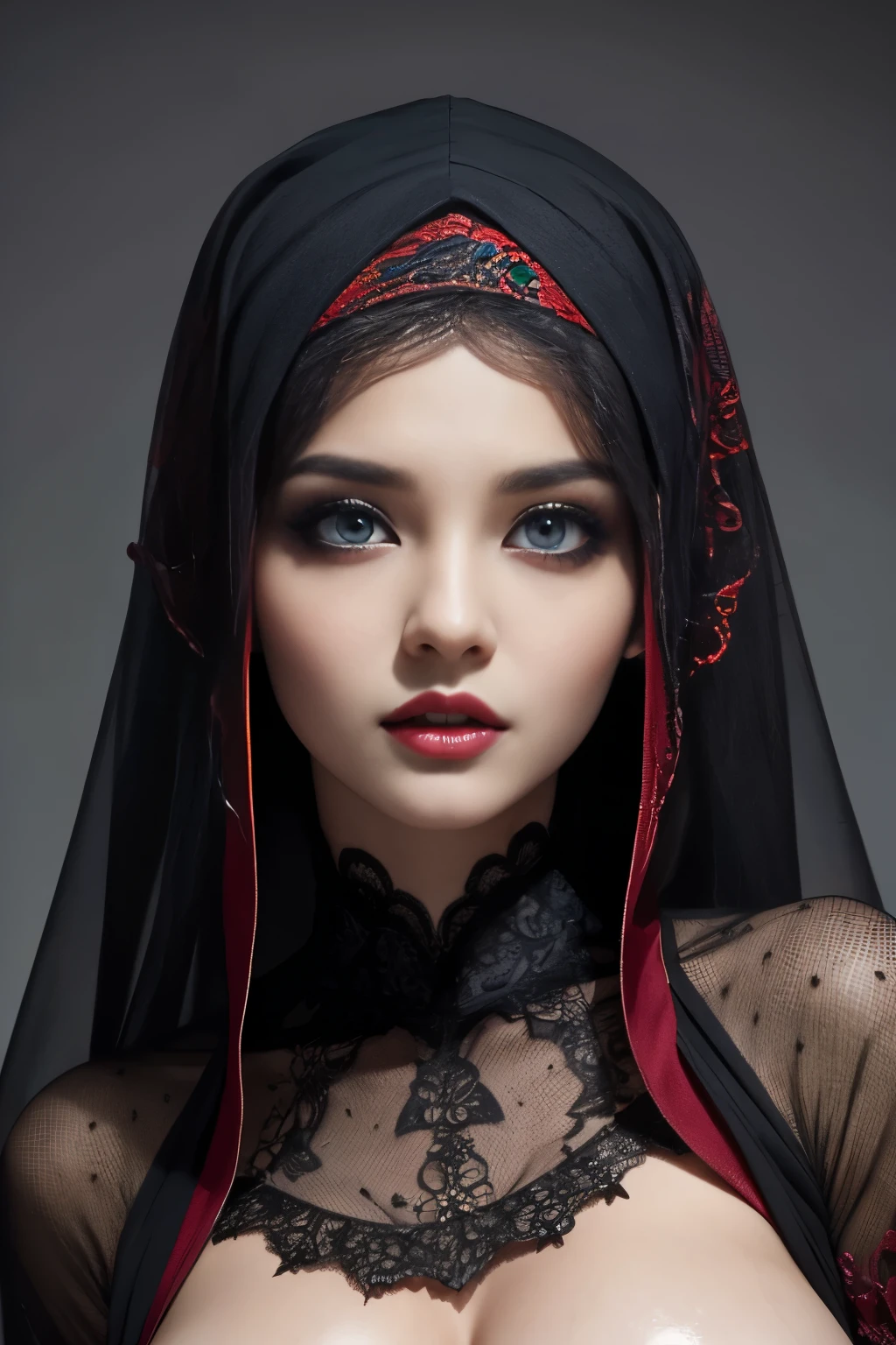 nsfw, porn, topless, blood, horror, fang, vampire, hijabi, Absurd, ultra-detailed, high quality, masterpiece, detailed face, beautiful eyes(detailed eyes)