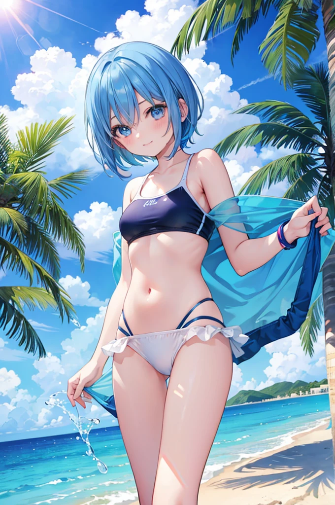 Blue Hair Short Bob Blue Eyes beautiful girl Pink Swimsuit blue sea White sand beach Light of the sun smile