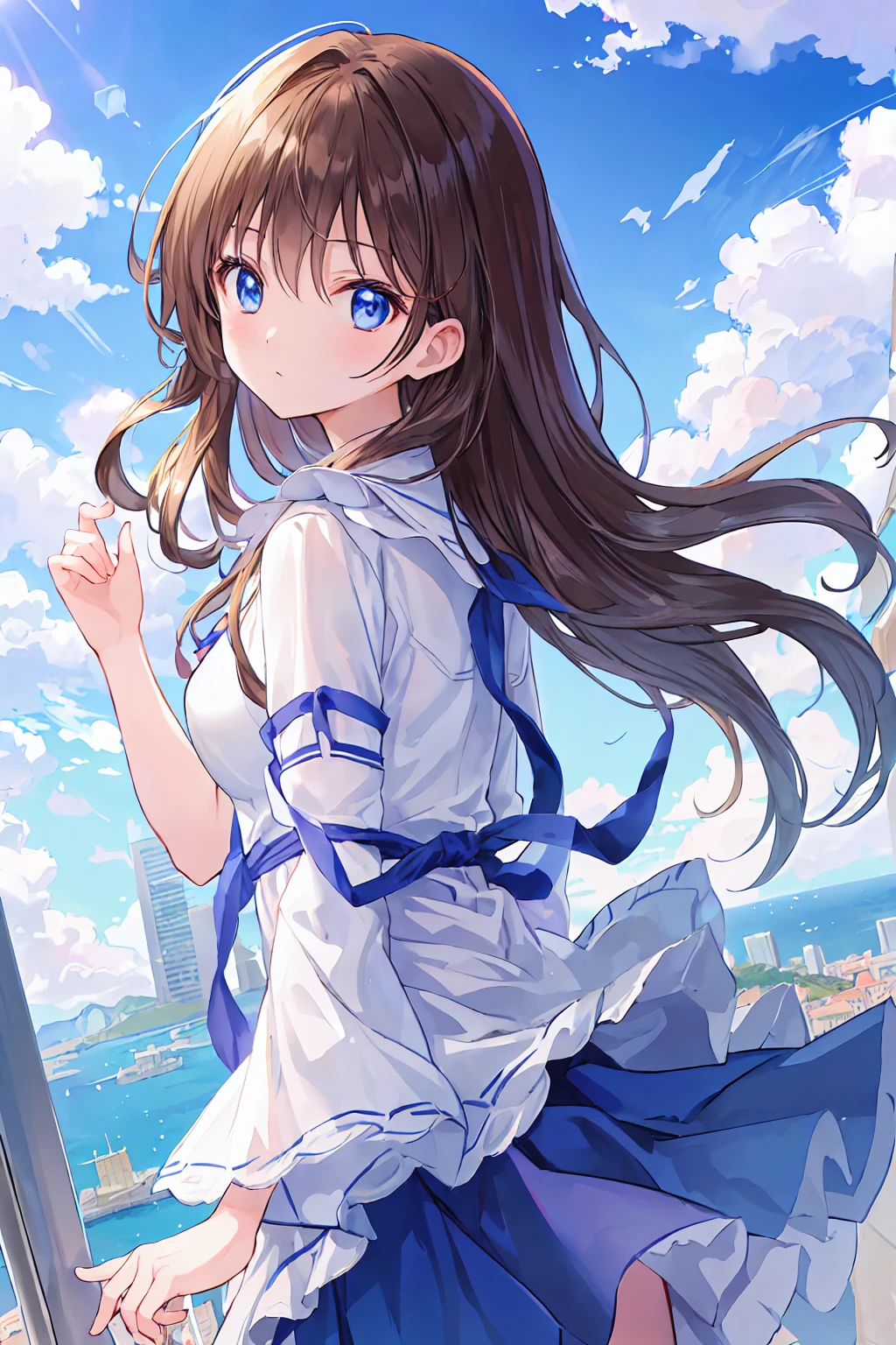 Absurd, High resolution, (Anime Style:1.1), ((Tabletop)), ((Highest quality)), (Super detailed), (beautiful), alone, beautiful face、(lift)、The view from the top of a skyscraper close to the atmosphere is lovely.,Wind,Dark brown long hair,, blue eyes,Lens flare,dramatic,Ancient city details、Windになびくスカート、Clouds looking down、(Don't look here:1.4)