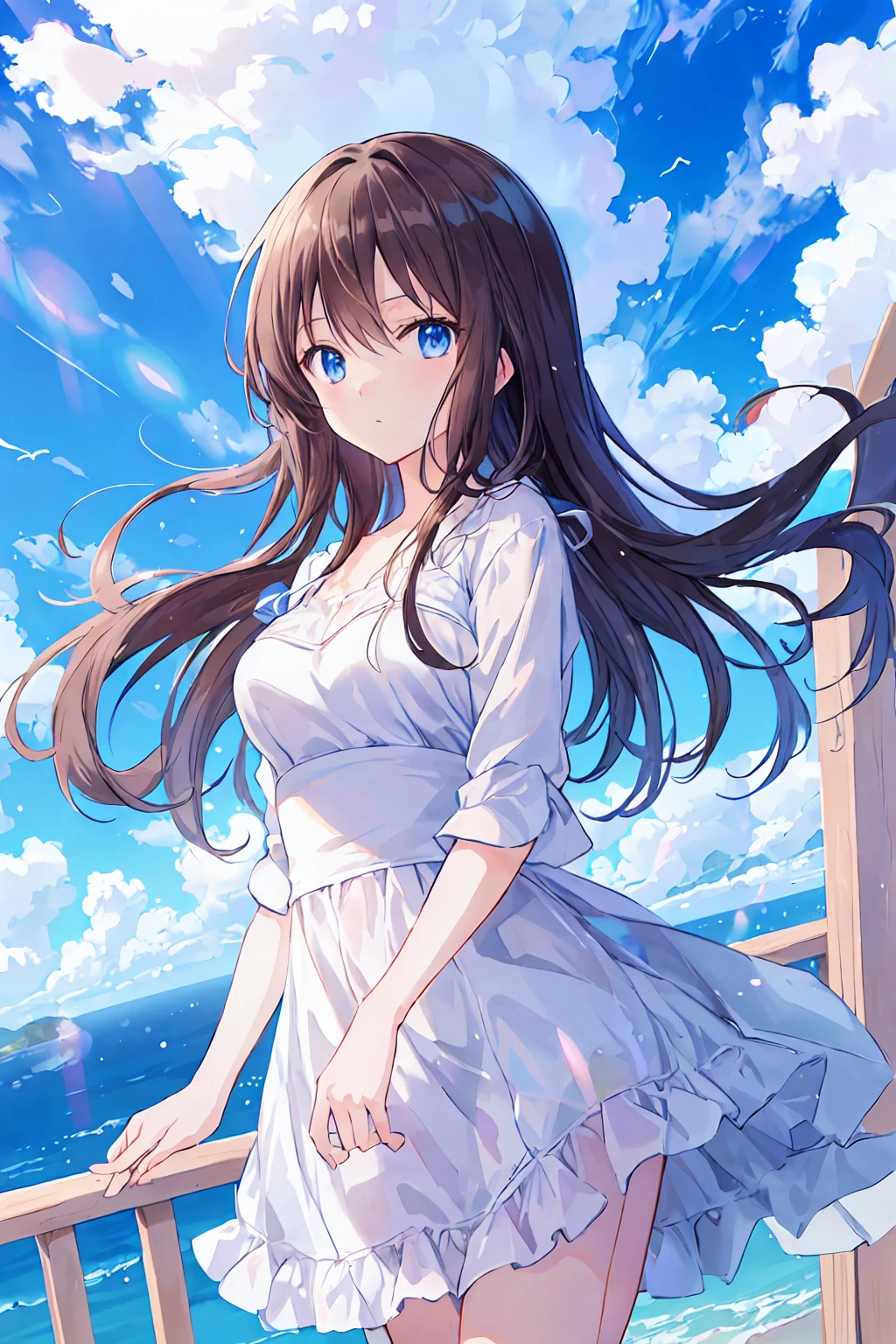 Absurd, High resolution, (Anime Style:1.1), ((Tabletop)), ((Highest quality)), (Super detailed), (beautiful), alone, beautiful face、(lift)、The view from the top of a skyscraper close to the atmosphere is lovely.,Wind,Dark brown long hair,, blue eyes,Lens flare,dramatic,Ancient city details、Windになびくスカート、Clouds looking down、(Don&#39;t look here:1.4)