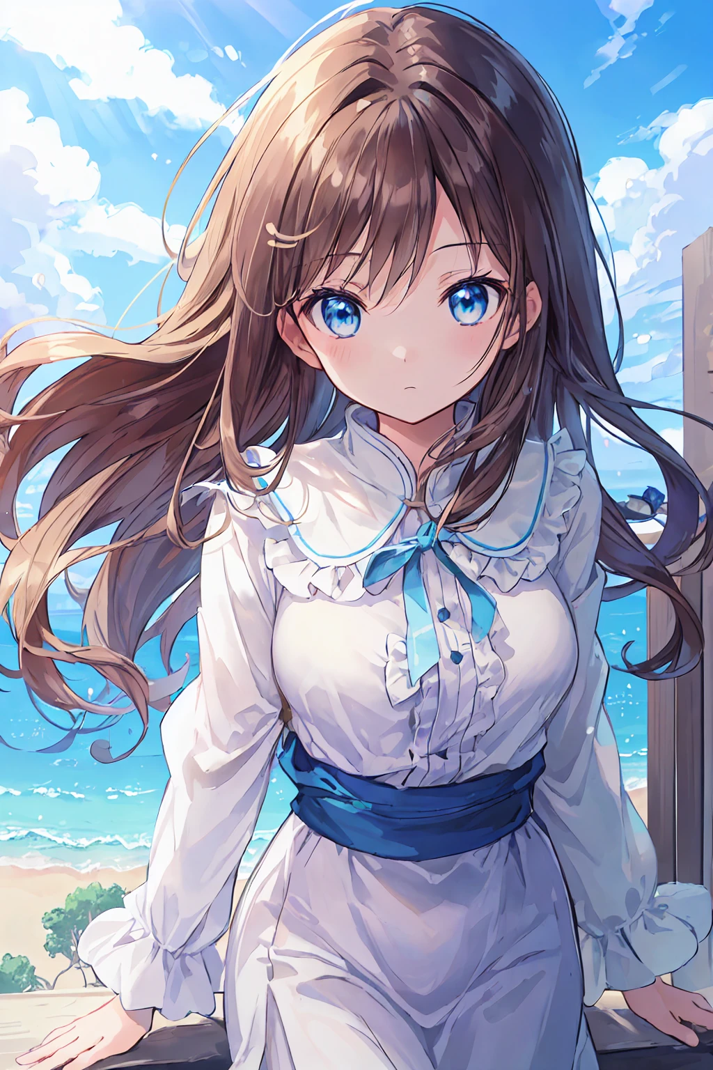 Absurd, High resolution, (Anime Style:1.1), ((Tabletop)), ((Highest quality)), (Super detailed), (beautiful), alone, beautiful face、(lift)、The view from the top of a skyscraper close to the atmosphere is lovely.,Wind,Dark brown long hair,, blue eyes,Lens flare,dramatic,Ancient city details、Windになびくスカート、Clouds looking down、(Don&#39;t look here:1.4)