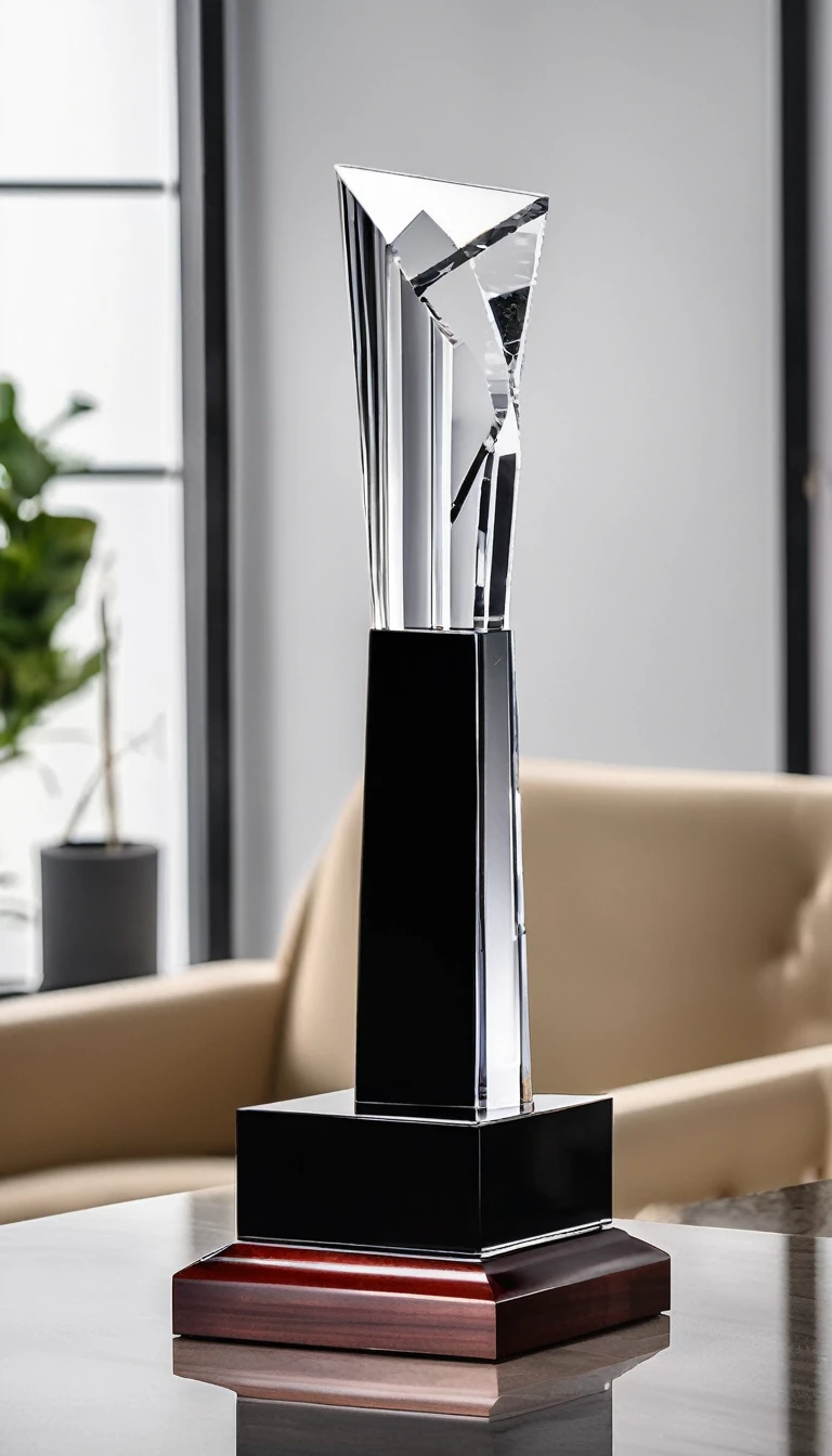 A cool and stylish crystal trophy;Made of crystal and black metal,Beautiful curves,Stylish styling;Wooden square base,There is a metal nameplate on the base;White background,Front view。