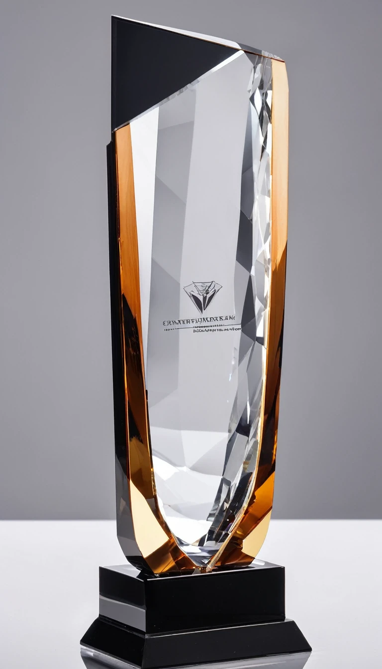 A cool and stylish crystal trophy；Made of crystal and black metal，Beautiful curves，Stylish styling；Wooden square base，There is a metal nameplate on the base；White background，Front view。