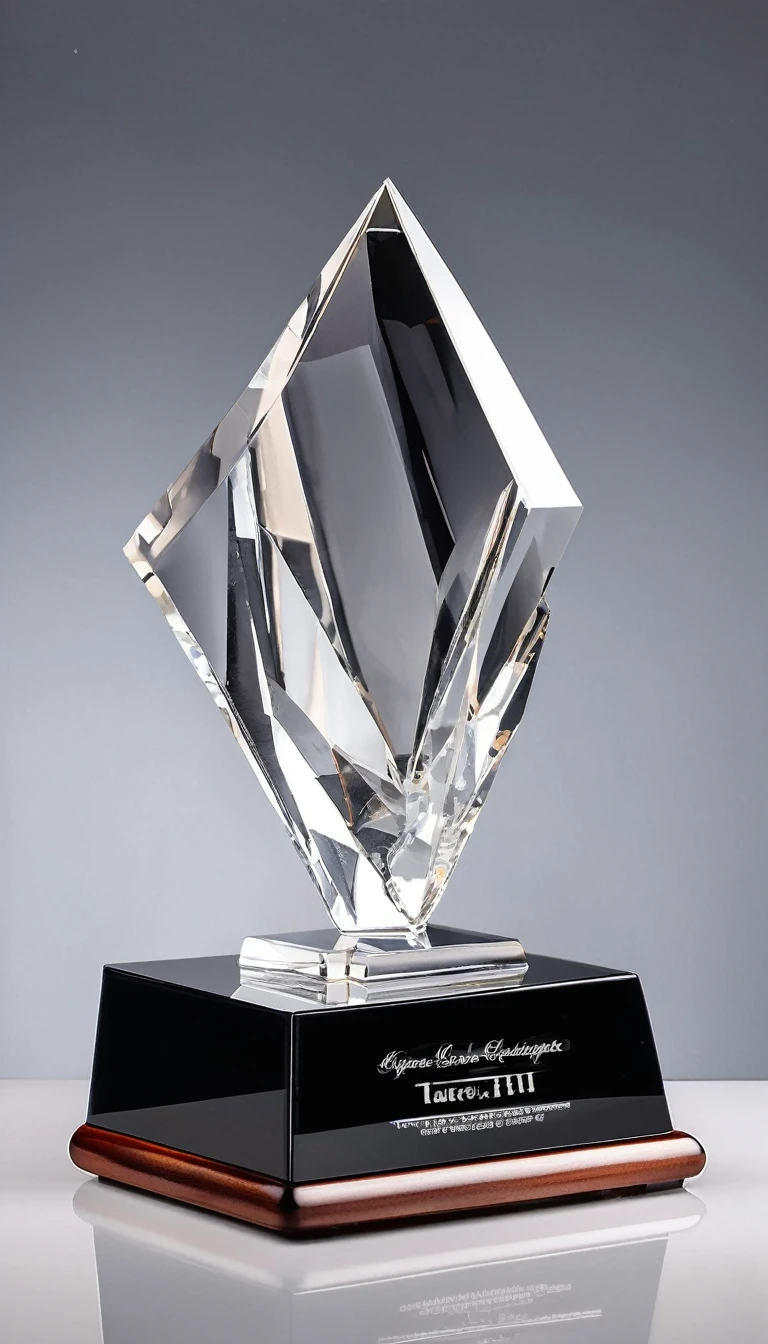 A cool and stylish crystal trophy；Made of crystal and black metal，Beautiful curves，Stylish styling；Wooden square base，There is a metal nameplate on the base；White background，Front view。