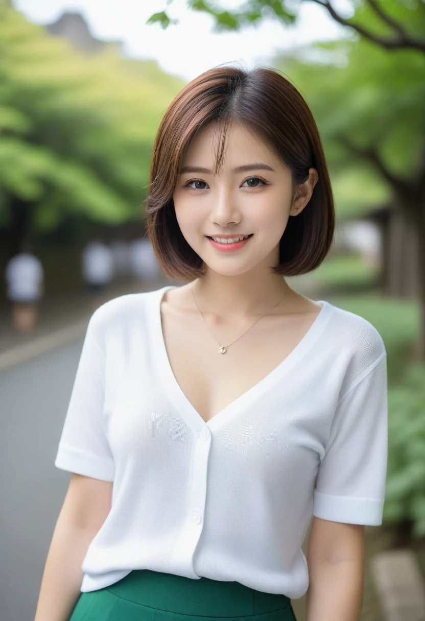 8k, Ultra-high resolution, Highest quality, masterpiece, 三分割法によるphotograph,Surreal, photograph, 1 girl, (:1.3), pretty girl, Cute face, Beautiful eyes in every detail, 細かくdetailedに,masterpiece,, One Girl:1.2, Japan Female Announcer,whole body,Young Wife,Urban area,street tree,green,White collared shirt,Summer knit cardigan,Pencil Skirt、Full of cleanliness,A carefree smile,Healing the heart,Short Bob,Looking at the audience、beauty,Long neck、Laugh a little、Please close your mouth and laugh、(((Ideal body type))),A-cup small breasts :2,、Portraiture:2、Perfect Anatomy、鮮明なdetailed、detailed、Surreal、Light and shadow,Strong light