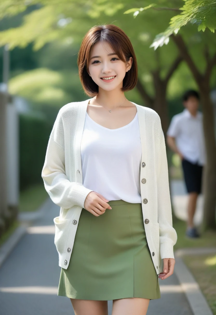 8k, Ultra-high resolution, Highest quality, masterpiece, 三分割法によるphotograph,Surreal, photograph, 1 girl, (16 years old:1.3), pretty girl, Cute face, Beautiful eyes in every detail, 細かくdetailedに,masterpiece,, One Girl:1.2, Japan Female Announcer,whole body,Young Wife,Urban area,street tree,green,White collared shirt,Summer knit cardigan,Pencil Skirt、Full of cleanliness,A carefree smile,Healing the heart,Short Bob,Looking at the audience、beauty,Long neck、Laugh a little、Please close your mouth and laugh、(((Ideal body type))),A-cup small breasts :2,、Portraiture:2、Perfect Anatomy、鮮明なdetailed、detailed、Surreal、Light and shadow,Strong light
