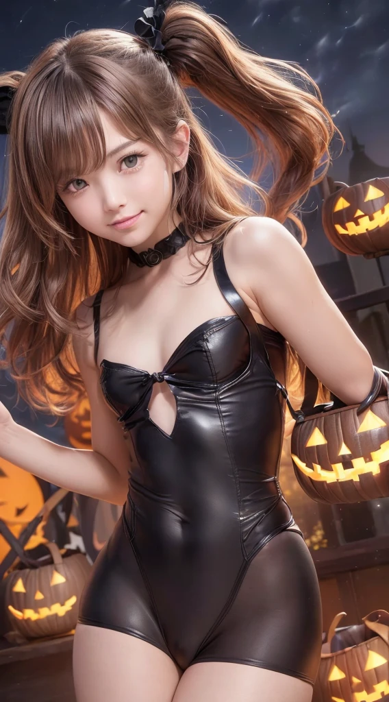 (hight resolution、hiquality、masutepiece、​masterpiece、hightquality)、solo、17 age , cute little、japanes、1girl in, trick or treat, Halloween, jack-o-lanterns, Basket with lots of candy, (Halloween Costume:1.2), ((Dark Light Medium Shorthair:1.25, Upstyle, Wavy Hair)), (Fantastic background), (in night:2), ((Ultra High Resolution, 8k RAW photo, photographrealistic:1.2)), Fine detailed face, Beautiful detailed eyes, Super detailed smooth skin, (Looking away, Laughing, Surprising), ((SFW:1.25)), (Correct anatomy:1.5), (Dutch Angle, Wide Shot:1.3), Dynamic Angle,action