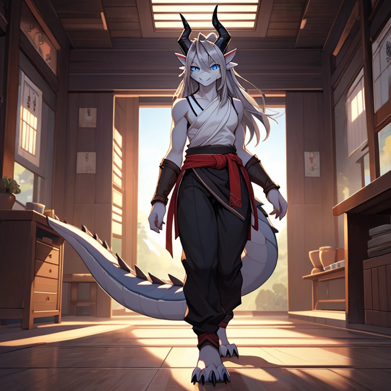 Masterpiece, Best quality, High quality, highres, detailed, extremely detailed, dark lighting, 4K, female, 1female, slim_woman, toned body, dragon, white body, smooth skin, anthro legs, tone body, (dragon feet), (toe claw), black spikes, blue eyes, (detailed eyes), dragon horns, dragon tail, bare_shoulders, (clothing, topwear: tanktop, handwear:(cloth wrap), bottomwear, pants:black, beautiful, ((mouth closed)), long silver hair, has hair, pretty, monk, timid, averting eyes, cute, standing in a dojo, smiling
