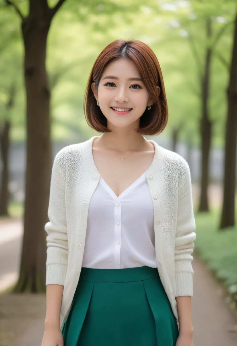 8k, Ultra-high resolution, Highest quality, masterpiece, 三分割法によるphotograph,Surreal, photograph, 1 girl, (16 years old:1.3), pretty girl, Cute face, Beautiful eyes in every detail, 細かくdetailedに,masterpiece,, One Girl:1.2, Japan Female Announcer,whole body,Young Wife,Urban area,street tree,green,White collared shirt,Summer knit cardigan,Pencil Skirt、Full of cleanliness,A carefree smile,Healing the heart,Short Bob,Looking at the audience、beauty,Long neck、Laugh a little、Please close your mouth and laugh、(((Ideal body type))),A-cup small breasts :2,、Portraiture:2、Perfect Anatomy、鮮明なdetailed、detailed、Surreal、Light and shadow,Strong light