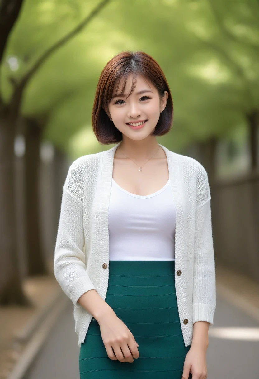 8k, Ultra-high resolution, Highest quality, masterpiece, 三分割法によるphotograph,Surreal, photograph, 1 girl, (16 years old:1.3), pretty girl, Cute face, Beautiful eyes in every detail, 細かくdetailedに,masterpiece,, One Girl:1.2, Japan Female Announcer,whole body,Young Wife,Urban area,street tree,green,White collared shirt,Summer knit cardigan,Pencil Skirt、Full of cleanliness,A carefree smile,Healing the heart,Short Bob,Looking at the audience、beauty,Long neck、Laugh a little、Please close your mouth and laugh、(((Ideal body type))),A-cup small breasts :2,、Portraiture:2、Perfect Anatomy、鮮明なdetailed、detailed、Surreal、Light and shadow,Strong light 