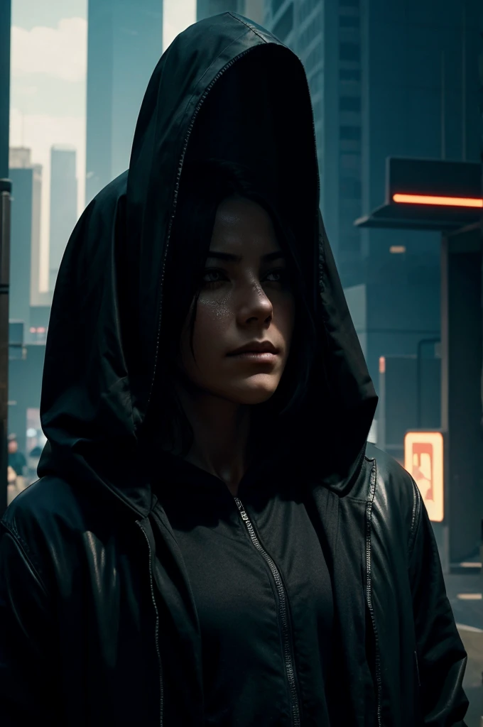 A hooded shadowy person whose face cannot be seen. Generate the image in cyberpunk style. Add a text 'shadow' at the bottom of the image.