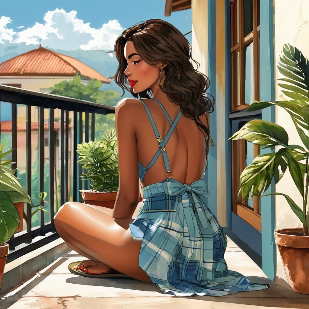The watercolor, anime style, you asked for it, with the Brazilian woman of African ethnicity as the focal point of the scene. She sits with her back to us on a concrete porch, her arms resting on her knees and her straight brown hair falling around her shoulders. She wears a light blue blouse with thin straps and a floral skirt, her lips are a striking red and she wears black flip-flops. A brown plaid bag sits on the balcony, and the background has a beige wall with a window and potted plants by Daniela Uhlig
