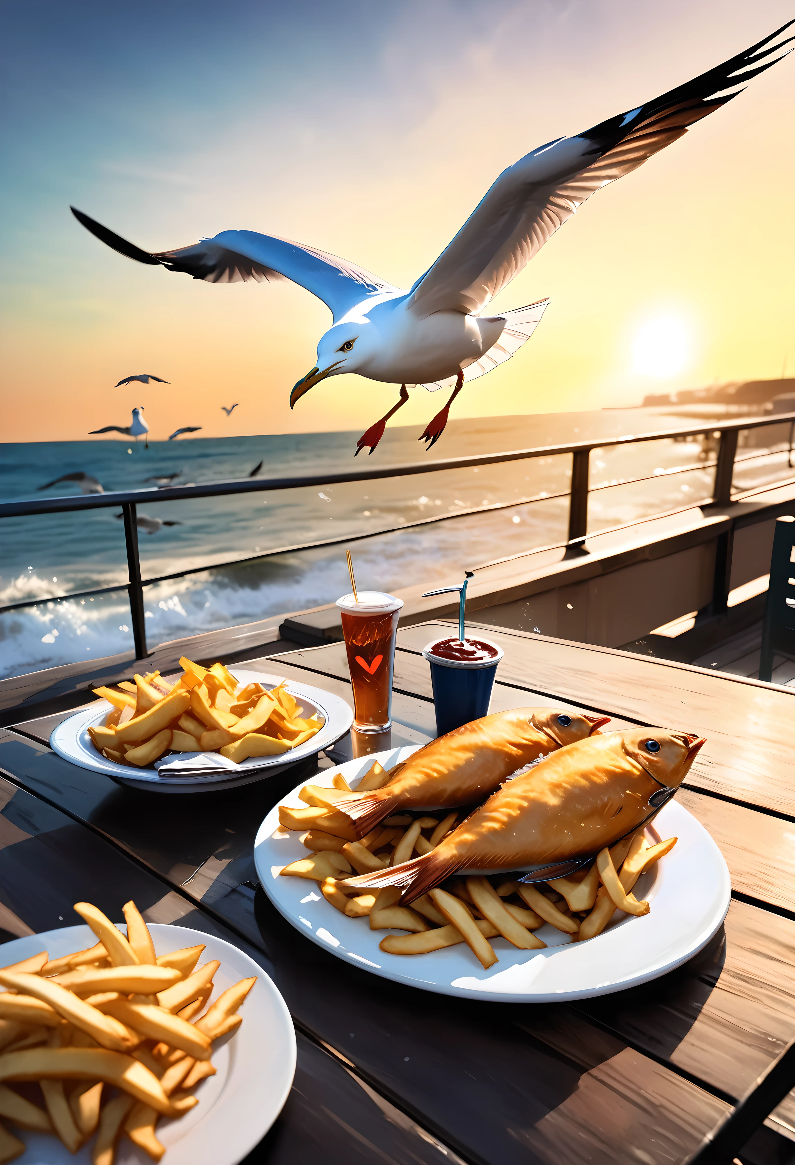 Transparent Full color, Photo style, Realistic Photographic Images, 
Fish and chips with seagulls,  
BREAK ((Seagull with heart eyes, peck at the french fries on the table, Peck with beak, To pinch with one&#39;s beak)), 
BREAK (Fish and chips on the table, On the plate, Fish and Chips&#39;s eyes wary of seagulls), 
BREAK ((Seagulls approaching fish and chips)), 
Stylish seaside terrace, Aesthetic sunrise, 
BREAK A powerful and bold composition, 
BREAK Ultra-realism, Detailed and realistic skin texture, Detailed and intricate texture, Detailed and intricate brushwork, Detailed and clear depiction, Anatomically correct, Absurd aesthetics, 
BREAK Dramatic Cinematic Lighting, 
Dynamic shot, (shot from above:1.3), 
BREAK Re-drawing into a clear and vivid work, highest quality render, Highest quality, Highest Resolution, 
Transparent Full color, Photo style, Realistic Photographic Images, 