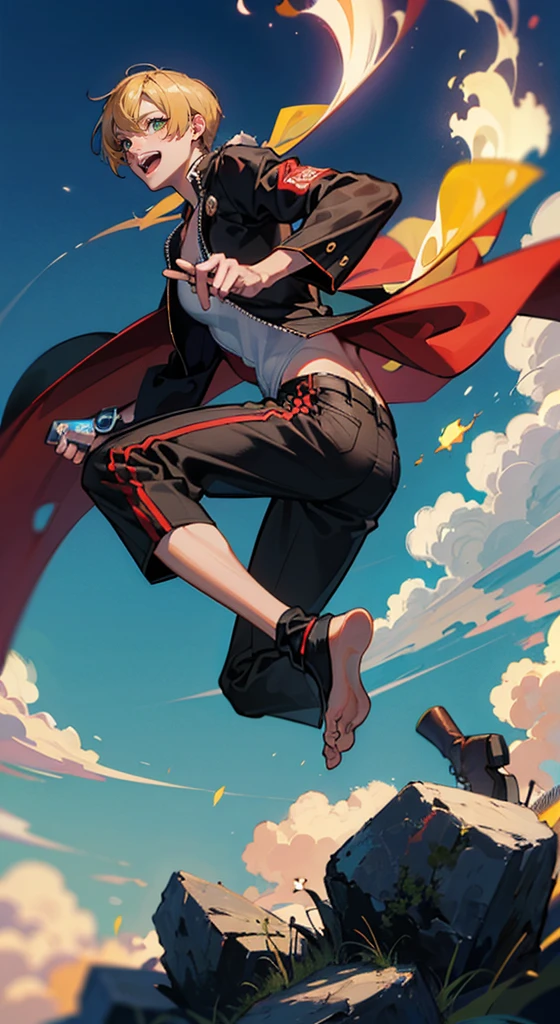 (Qualidade 4k),Kuro ashi no sanji(Qualidade 4k),Kuro ashi no sanji, 1 , Roupa Nike, blue skies, ((foot on fire)),male, one-piece,