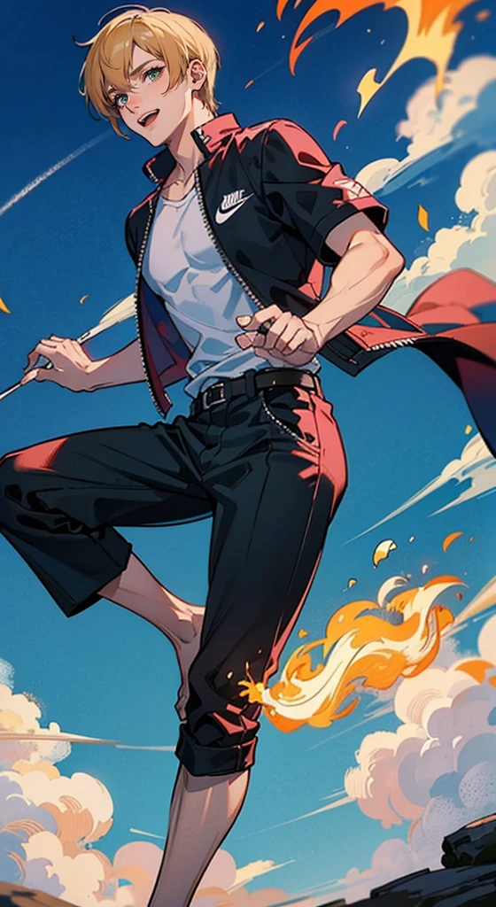 (Qualidade 4k),Kuro ashi no sanji(Qualidade 4k),Kuro ashi no sanji, 1 menino, Roupa Nike, blue skies, ((foot on fire)),male, one-piece,