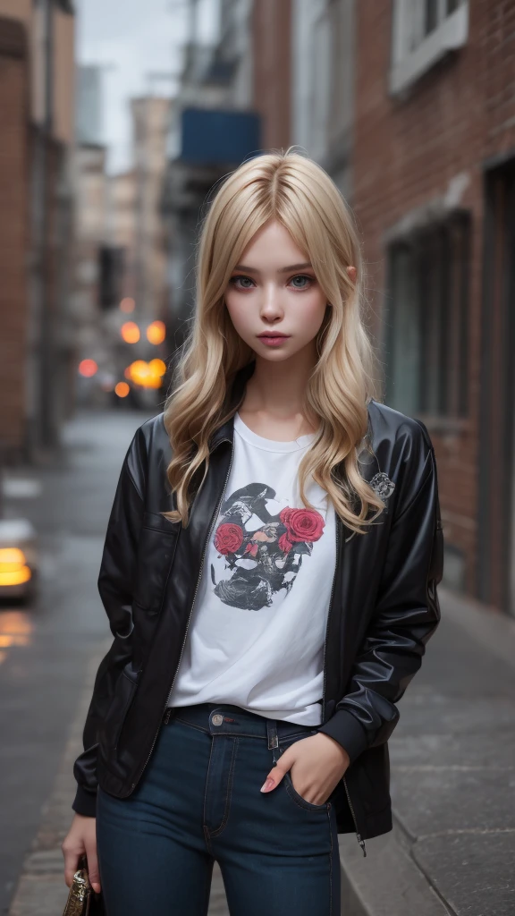 Photographie en gros plan, Jeune femme suicide girl avec des tatouages sur le corps, toute  poitrine sous son t-shirt, confiante aux cheveux blonds et roses avec une frange et des nattes, porter un blouson en jeans sans manches avec des motifs roses et bleus dessus, in a street soaked by rain at night, photoreallistic, lighting cinematic