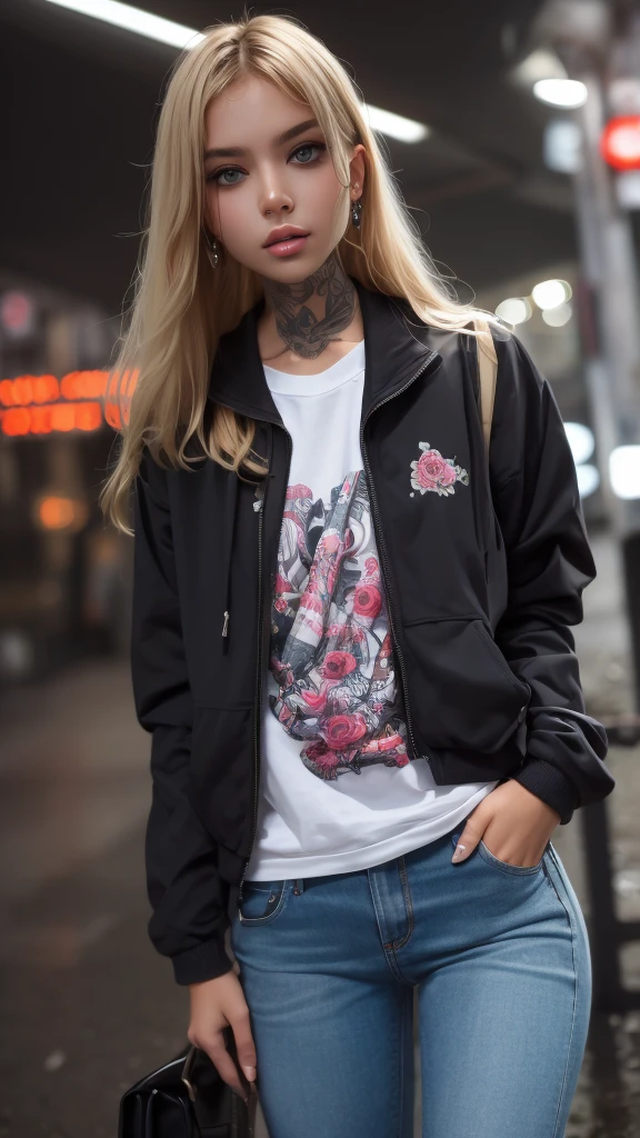 Photographie en gros plan, Jeune femme suicide girl avec des tatouages sur le corps, toute  poitrine sous son t-shirt, confiante aux cheveux blonds et roses avec une frange et des nattes, porter un blouson en jeans sans manches avec des motifs roses et bleus dessus, in a street soaked by rain at night, photoreallistic, lighting cinematic