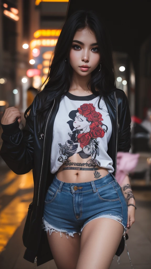 Photographie en gros plan, Jeune femme suicide girl avec des tatouages sur le corps, toute  poitrine sous son t-shirt, confiante aux cheveux blonds et roses avec une frange et des nattes, porter un blouson en jeans sans manches avec des motifs roses et bleus dessus, in a street soaked by rain at night, photoreallistic, lighting cinematic