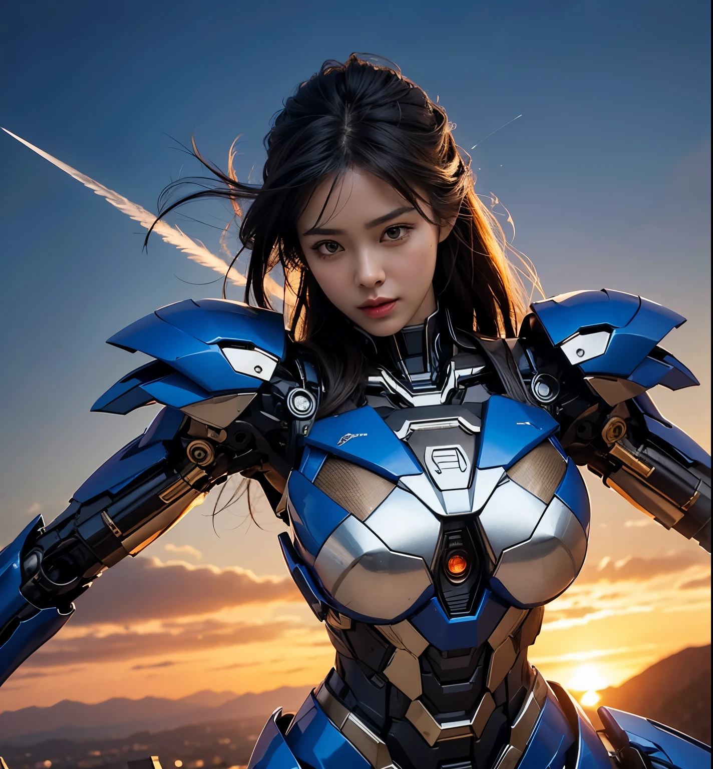 Textured skin, Super Detail, high details, High quality, Best Quality, hight resolution, 1080p, hard disk, Beautiful,(Super Heroine),Oppai Missile,beautiful cyborg woman,Mecha Cyborg Girl,Battle Mode,Girl with a Mecha Body,She wears a battle cyborg mech with a weapon,Fulll body Shot