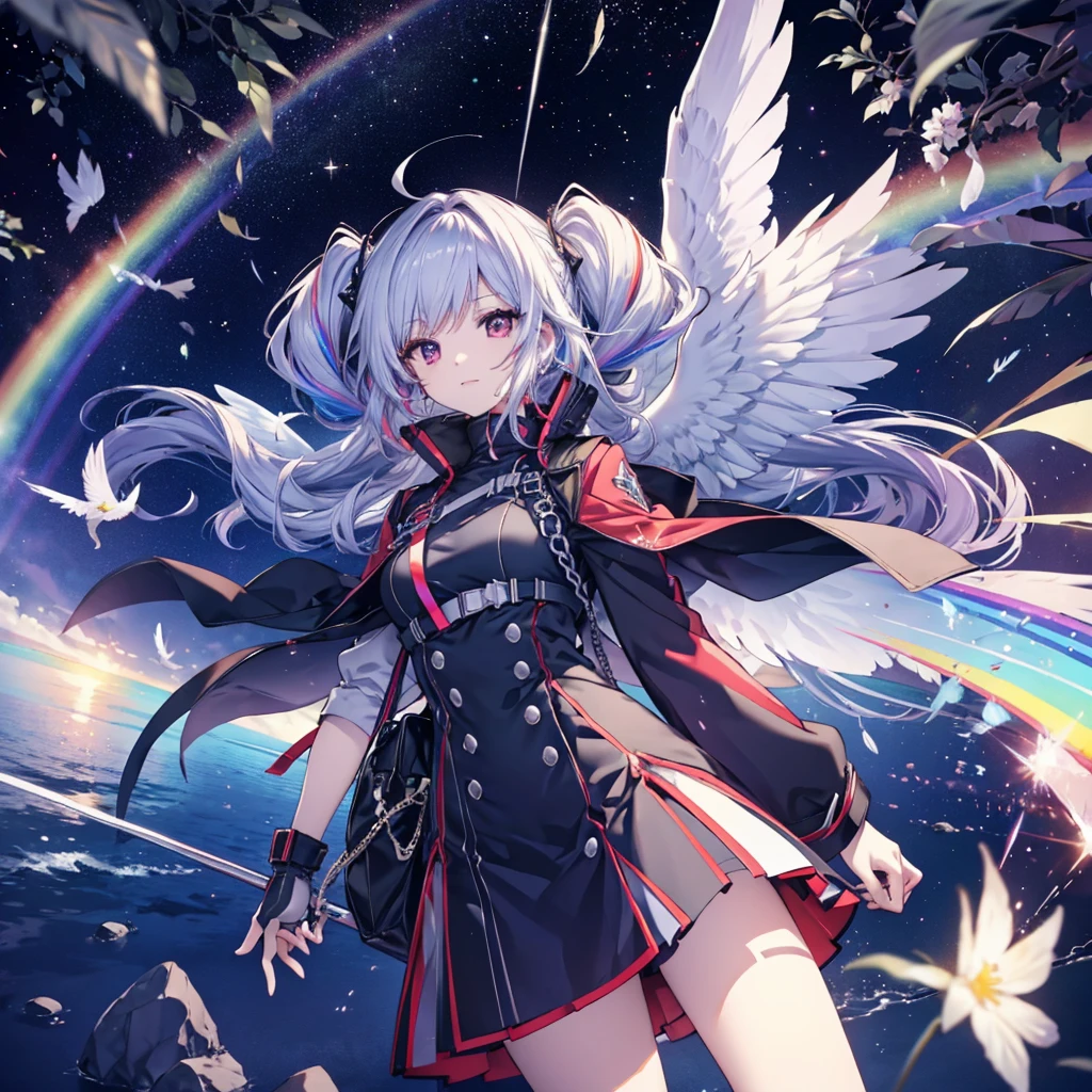 ((Archangel Fantasy Rainbow Hair Make your hair rainbow-colored on the inside Please make your hairstyle into a twin drill. Dull red eyes starの虹彩 Have a weapon uniform Put on a coat without putting your arms through it Wings many times larger than mine rainbow gradient feathers Lonely Smiling Kindly front)) ((tears gloves)) (Broken glass Rolling Pebbles Distorted Space-Time star) Catch the wind milky way Shining Background Particles of light, rainbow colored edges Shining Edge star