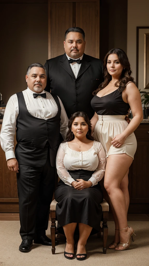 A 50 years old overweight man seated with two beautiful women standing on each side next to him, 1900s style, HD, UHD, Perfect and detailed eyes and face