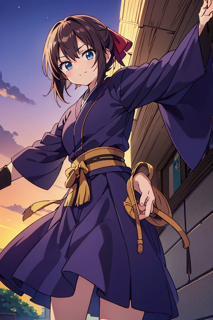Highest quality, masterpiece, High resolution, alone, (Rurouni Kenshin: Saito Hajime),smile,(Bow and Arrow),Killer,kimono,Long Bow,(Jinhaori),Evening sky_background,Young Girl,Anime Style, Highest quality, 4k, masterpiece,, alone, 1,whole body,looking at the camera, Shinkai Makoto style, (brown_coat)Sharp Eyes,Low posture,(Draw the bow pose),(Full Finger), (Accurate fingertips), (The finer details), (Anatomically correct), (映画のbackground), Hyper Detail, (Subtle details), (Intricate details),