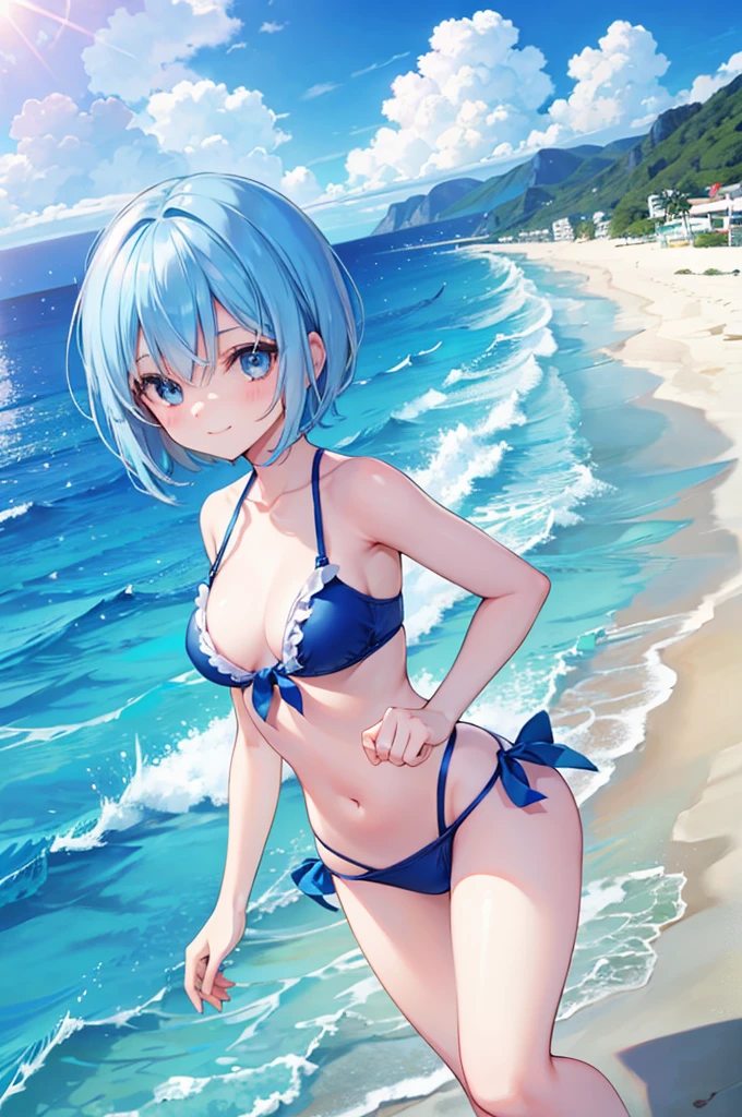 Blue Hair Short Bob Blue Eyes beautiful girl Pink Swimsuit blue sea White sand beach Light of the sun smile