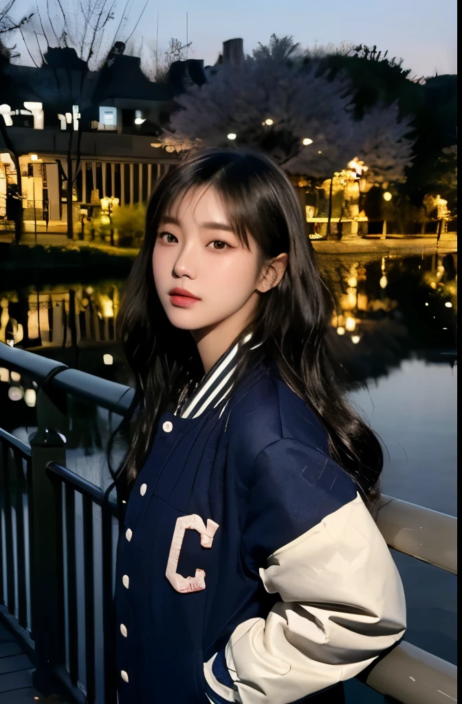 Araped Asian woman standing on bridge near water body, Illustration inspired by Ma Yuanyu, tumbler, realism, Jinyoung Shin, loose coat collar sailor uniform, Best Face, Jaeyeon Nam, sakimichan, 2dcg, 8 thousand ), Chiho, Korean woman, Lee, Ji - Eun, Lee, Ji - Eun
