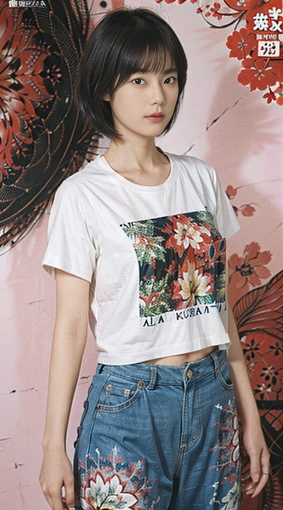 24
(Shorthair:1.23), (a 20 yo woman), (A hyper-realistic), (masutepiece), (8KUHD), Focus on the face, (Fractal Art:1.23), 
Graphic T-shirt with anime characters printed, Breast, wear long pants, (The walls of the room are fractal abstractions:1.23)
