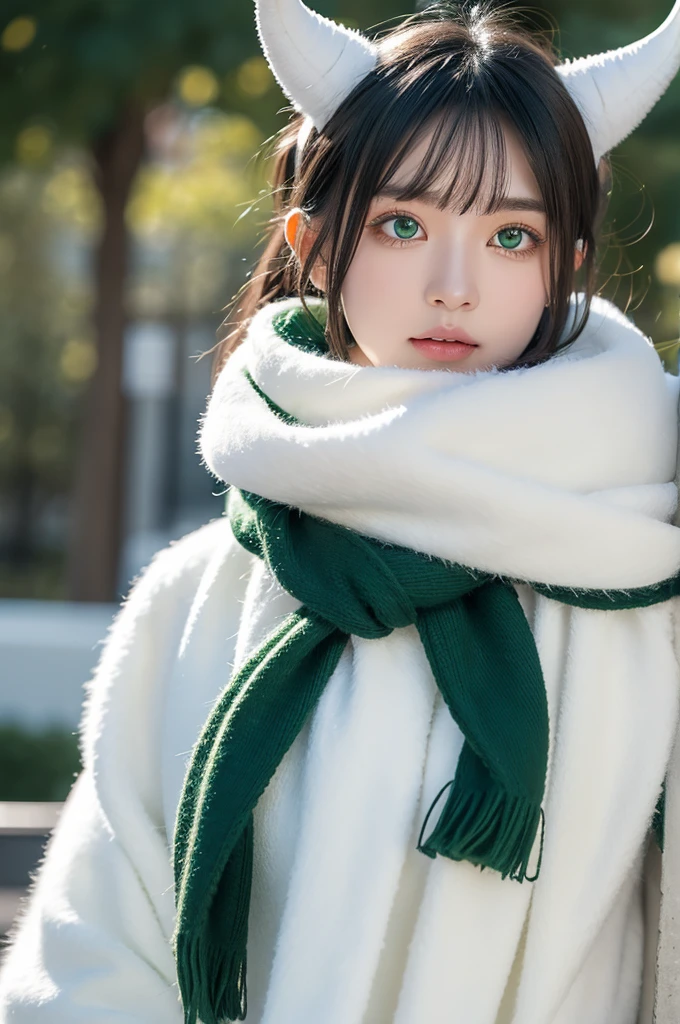 White as the main part, dark green, light green eyes, star eyes, double horns, short horns, dark green furry scarf, Furui design