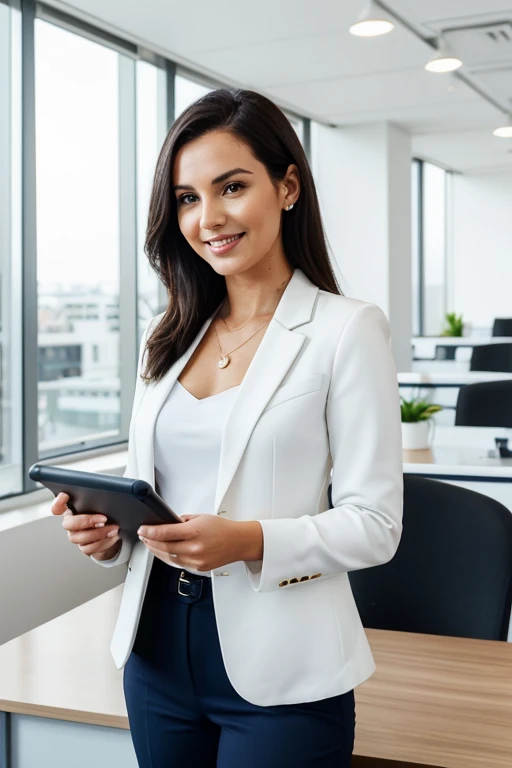 A confident Australian white businesswoman in her late 20s with sleek brunette hair, a chic navy blazer and white blouse. She has a friendly smile, minimal accessories, holding a tablet, in a modern office setting with greenery.