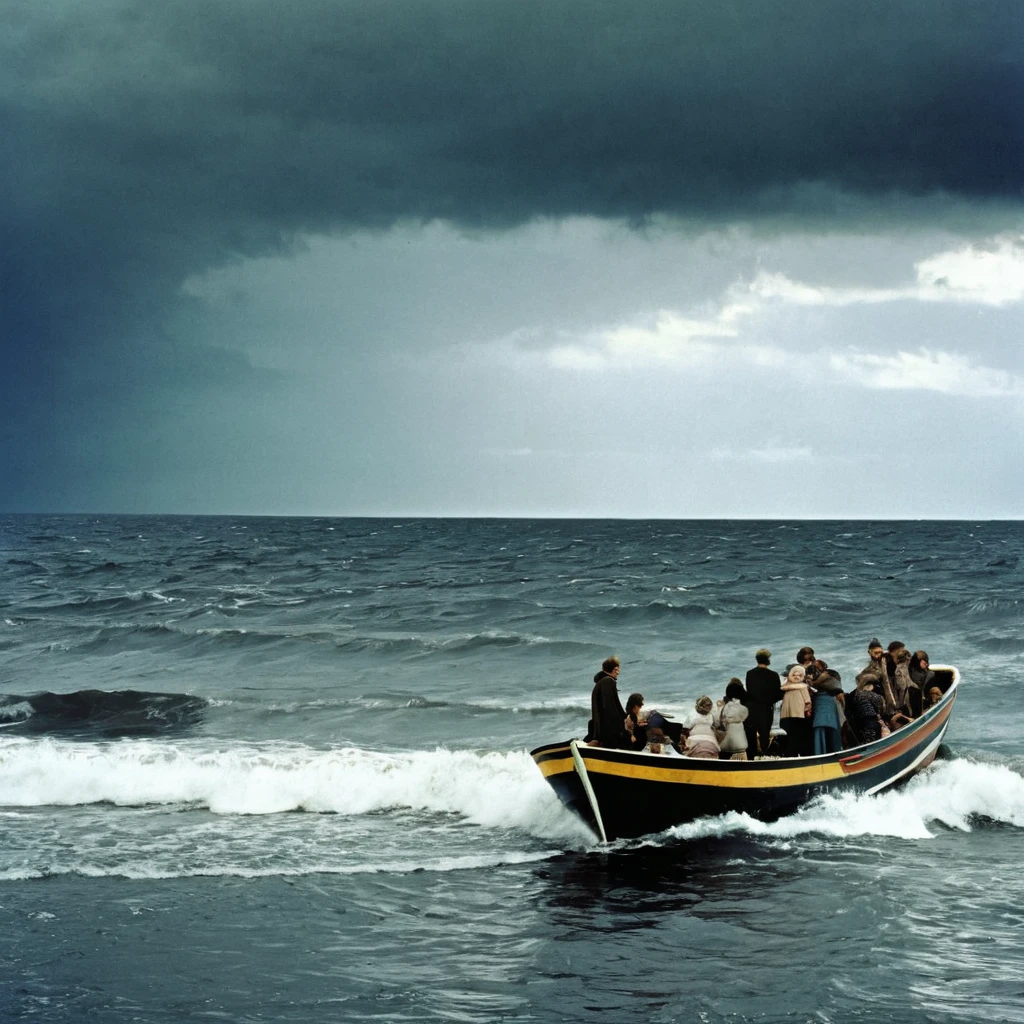 1970s，Lots of people by the sea，man，woman，British，Poor people，Hugged，respectively，There is a boat at sea，Waves，Sky，dark clouds，Low saturation photography，high quality，high resolution