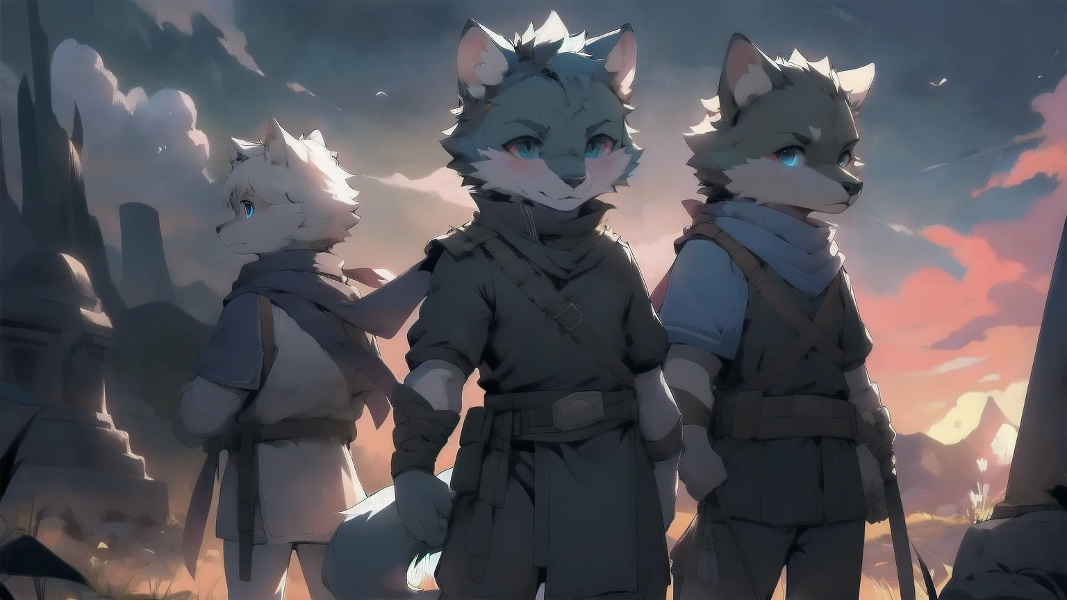 Wolf,juvenile,male,Gray-black fur,Sky blue eyes,Ancient combat uniform,scarf,Holding a long sword,Scabbard back,permanent,The only one,dawn,illumination,Break
