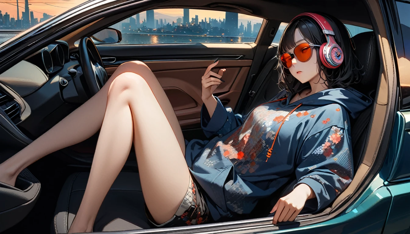 ((8k of extremely detailed CG unit, Masterpiece, high resolution, highest quality, highest quality real texture skin)), (wearing Japanese pattern headphones), ((1 girl)), (((Listening to music in the car))), (((sunglasses))), (Japanese pattern hoodie, Japanese-style shorts), (Black hair, messy hair, beige skin), (Surreal, digital painting), Midnight