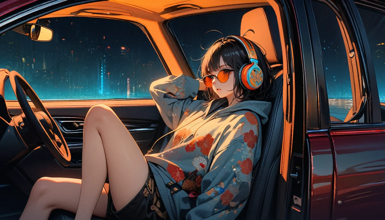 ((8k of extremely detailed CG unit, Masterpiece, high resolution, highest quality, highest quality real texture skin)), (wearing Japanese pattern headphones), ((1 girl)), (((Listening to music in the car))), (((sunglasses))), (Japanese pattern hoodie, Japanese-style shorts), (Black hair, messy hair, beige skin), (Surreal, digital painting), Midnight