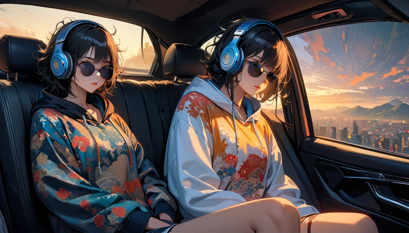 ((8k of extremely detailed CG unit, Masterpiece, high resolution, highest quality, highest quality real texture skin)), (wearing Japanese pattern headphones), ((1 girl)), (((Listening to music in the car))), (((sunglasses))), (Japanese pattern hoodie, Japanese-style shorts), (Black hair, messy hair, beige skin), (Surreal, digital painting), Midnight