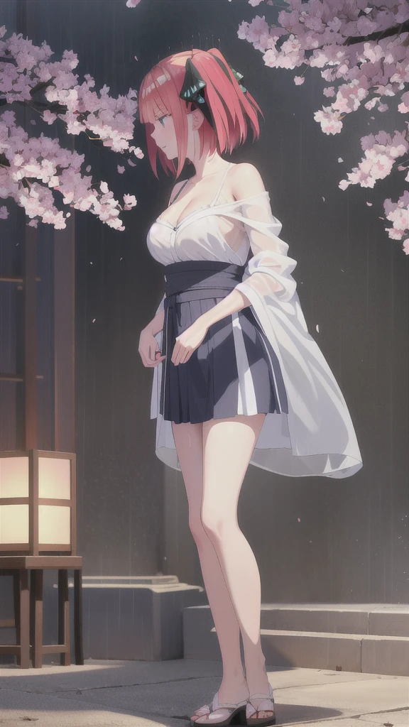 nino nakano, short hair, bangs, blue eyes, hair ornaments, Hair Ribbon, Pink Hair, blunt bangs, Both sides up, butterfly hair ornaments, skirt, Off the shoulder、Random color see-through kunoichi costume、Japanese see-through female samurai costume、See-through female ninja costume,, Open clothes, Collared dress emphasizes cleavage、胸の谷間のSweat is noticeable,, 満開のcherry blossoms、cherry blossoms、Open-air bath、Outdoor、Professional lighting light reflection、 looking at viewer, (masterpiece:1.2), Highest quality, High resolution, unity 8k wallpaper, (figure:0.8), (Beautiful fine details:1.6), Highly detailed face, Perfect lighting, Highly detailed CG, (Perfect hands, Perfect Anatomy),heavy rain、heavy rainで全身びしょ濡れ、heavy rainで全身びしょ濡れの服、High heels、 ((Perfect handsの形))、(Perfect foot shape、Embarrassed expression blushing、、Gestures to seduce a man、Obscene pose、Shining Sweat、Perfect Skin,Sweat is noticeable、太もものSweat is noticeable、、 Fair skin,Tight waist, Sweating profusely、Sweaty hair、Sweaty clothes、Sweaty、Visible sweat、rain-wet hair