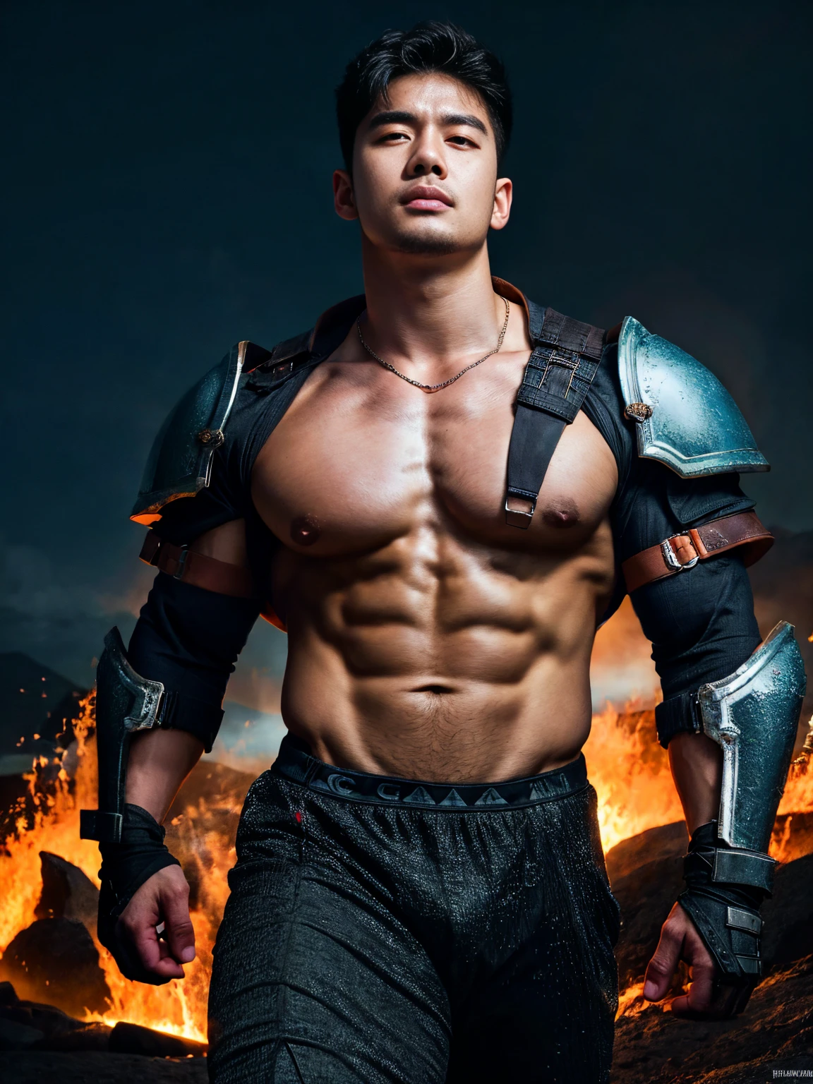 Realistic​ photography​ of a​​​​ korean idol boy​, 22 ages​​​ , wearing​ a​ lava armor, thin​ necklace​, ((huge pecs))​​, at​ ice ages​ strom,run cool