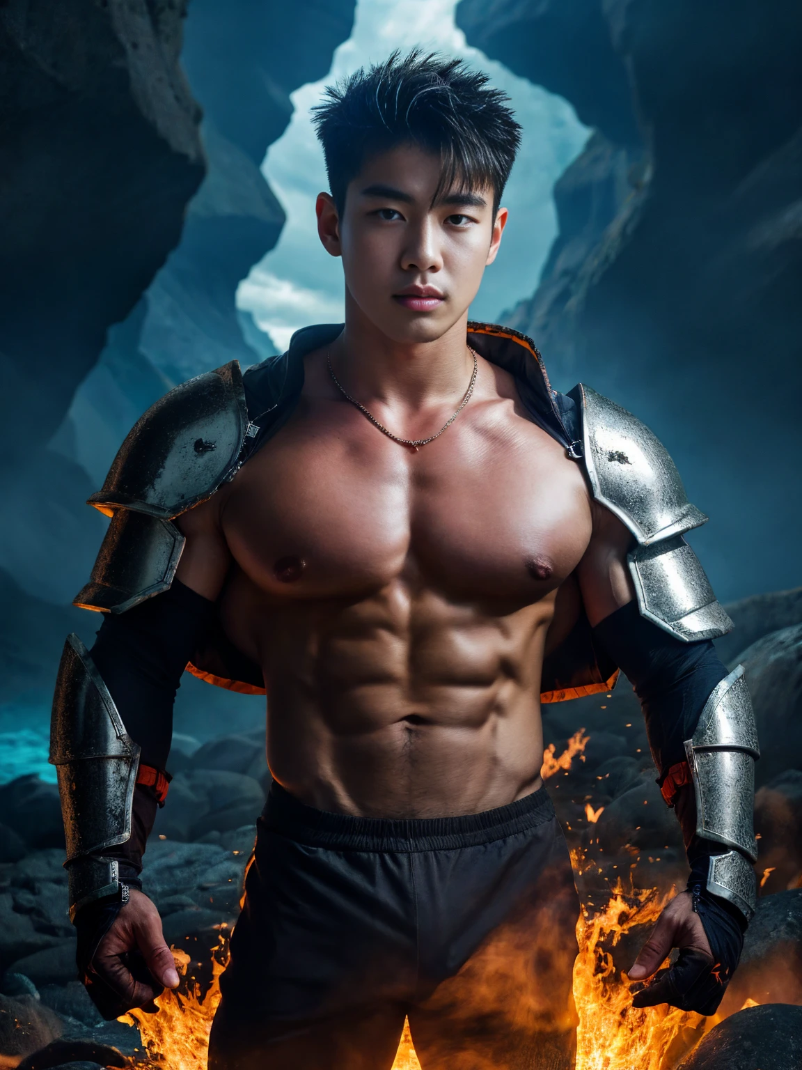 Realistic​ photography​ of a​​​​ korean idol boy​, 22 ages​​​ , wearing​ a​ lava armor, thin​ necklace​, ((huge pecs))​​, at​ ice ages​ strom,run cool