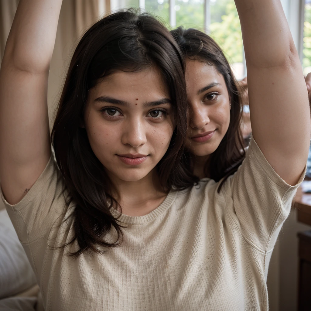 (girl:1.1)One Indian Kerala college girl 15 years old, beautiful girl inside house in Kochi ((upper body selfie, happy)),masterpiece, best quality, ultra-detailed, solo, intdoors,cheerful, happy,sweater, shadows, contrast,analog style (look at viewer:1.2) (skin texture) (film grain:1.3), (warm hue, warm tone:1), close up, cinematic light, sidelighting, ultra high res,upper body, wearing tshirt 