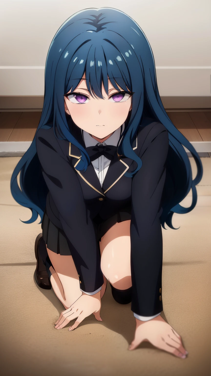 (masterpiece, best quality, high resolution, 8k:1.2),anime art style, nozaki yuu,anime, girl１people,(narrowed eyes, eyes half-closed, jitome), (rolling eyes:1.2), (Eye highlights: 1.2), closed mouth, blue hair, very long hair, (wavy hair:1.2), purple eyes, beautiful eyes, highly detailed face, Detailed CG, expressionless, solo,(black blazer, black miniskirt, black socks), looking at the viewer, in the center of the image, dynamic poses, dynamic angles,