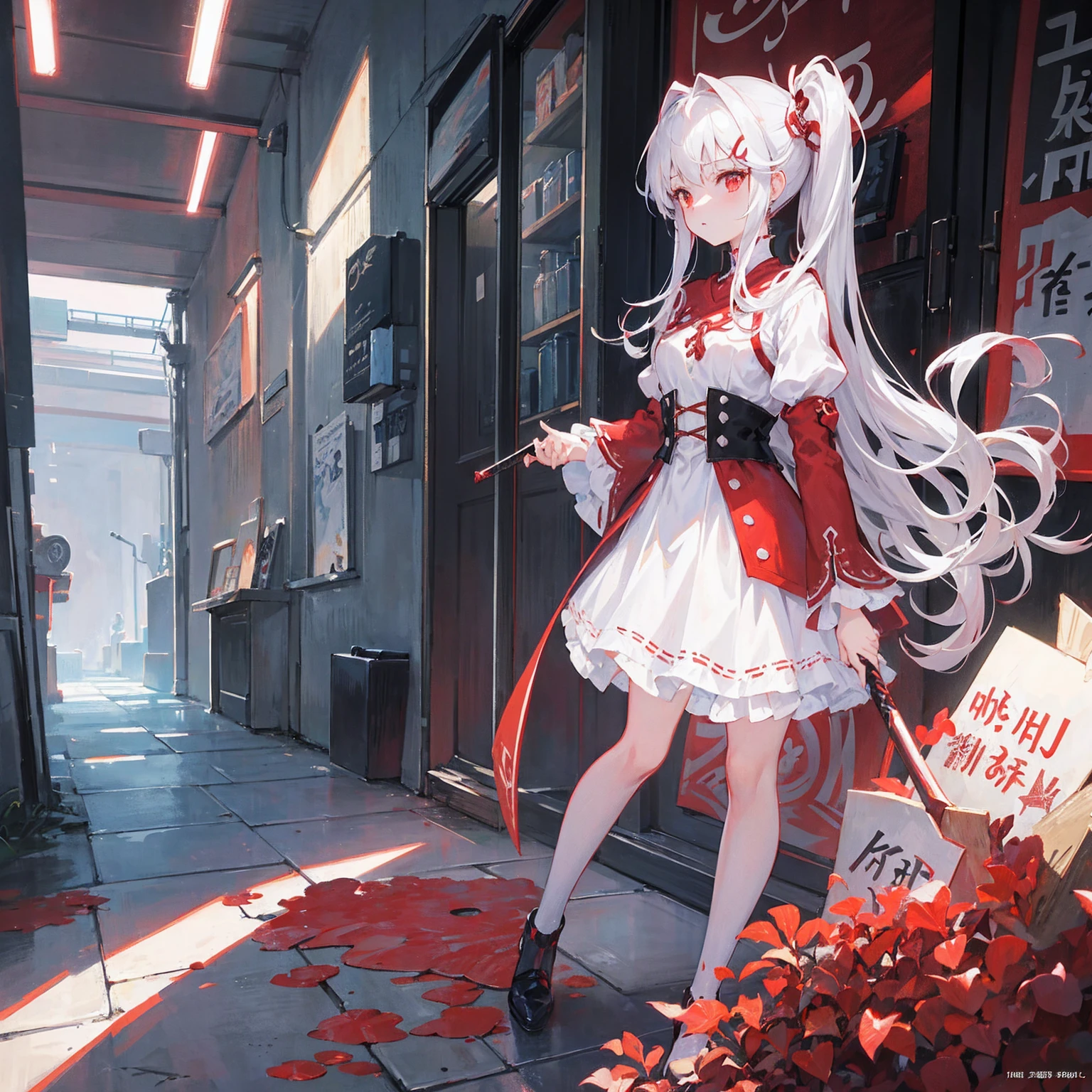 Wearing a red and white dress、anime girl holding sword, Highly detailed official artwork, Epic Light Novel Cover Art, epic Light novel cover art, Silver and red armor, guweiz on pixiv artstation, Anime style 4K, Detailed key animation art, Light novel cover art, Anime Fantasy Artwork，White hair and red eyes，Side Ponytail，Waist-length hair，one person，Portraiture，Look forward
