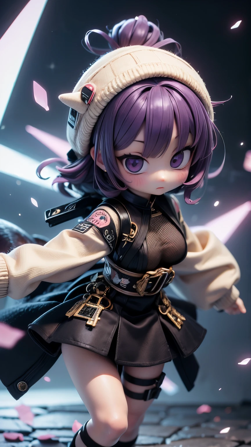 (masterpiece, 最high quality, 最high quality, Official Art, beautifully、aesthetic:1.2), (Chibi Character:1.3、Big Head), Goth_punk、Very detailed,colorful,Most detailed,night、深night、Degrees of Freedom:1.8、Anatomically correct、 (Dynamic pose), (Long sleeve、Black jacket、skirt), (Shiny skin), (Many colors:1.4), beautiful、Japanese、Super big breasts:1.99、Small waist:1.3、High resolution、high quality、high resolution、Realistic、realism、Photorealistic、Realistic textured face and body、beautiful、Purple mesh hair、realism、Realistic、Photorealistic、Raw photo、超A high resolution 、SLR、Octane Rendering、dynamicポーズ、Dynamic Action、Sharp Eye、Heavy makeup、dynamic、Dynamic Action、